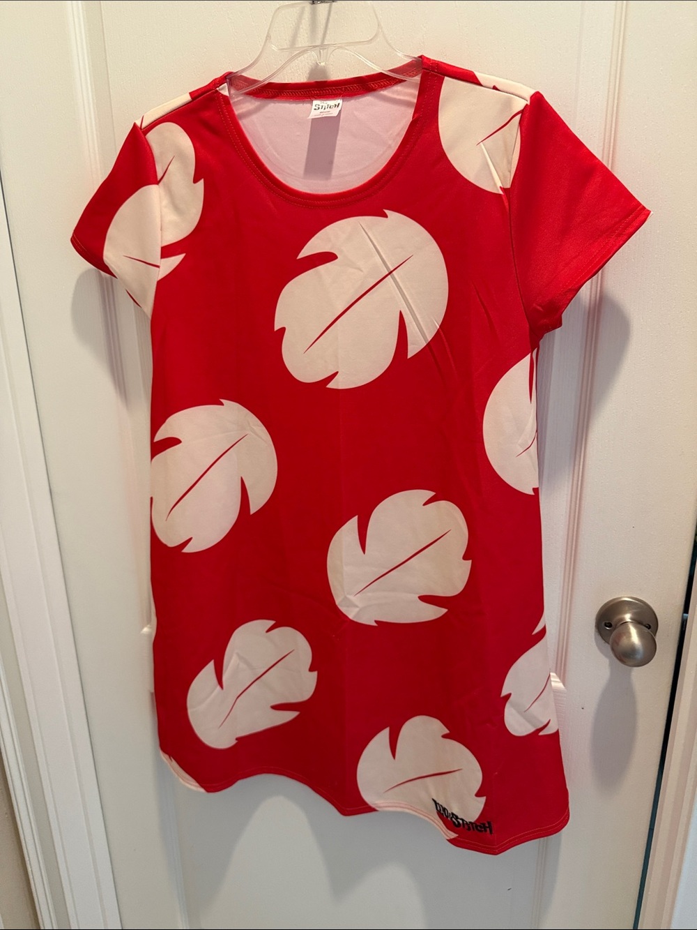Disney Lilo from stitch Red Tee Dress with Cream Leaf Print L